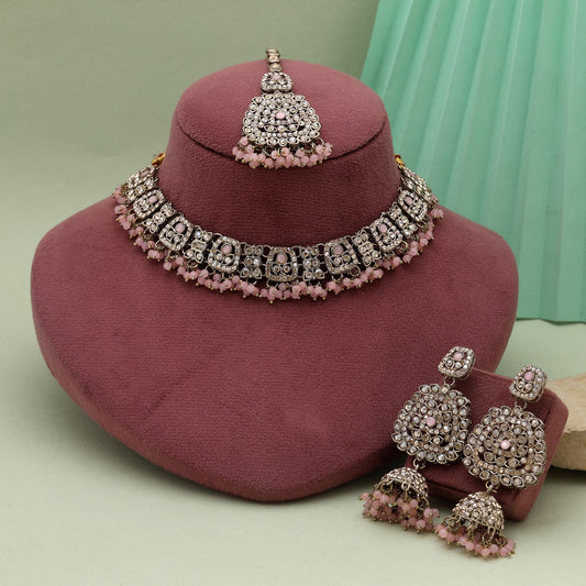 Gorgeous Pink Color Kundan Necklace Set With Beautiful Crystal Work For Brides
