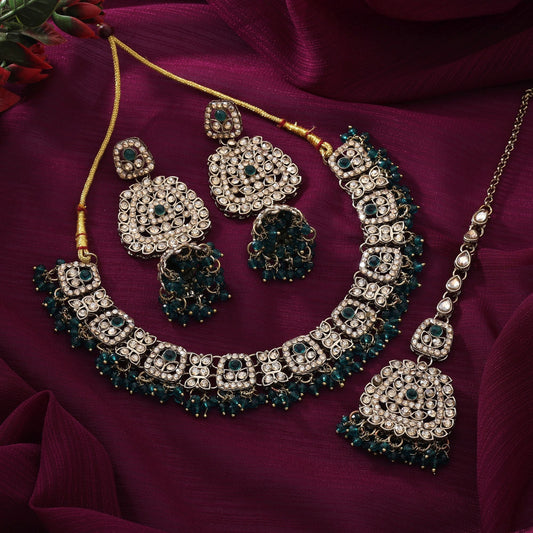 Elegant Rama Green Color Kundan Necklace Set With Polished Beads For Weddings