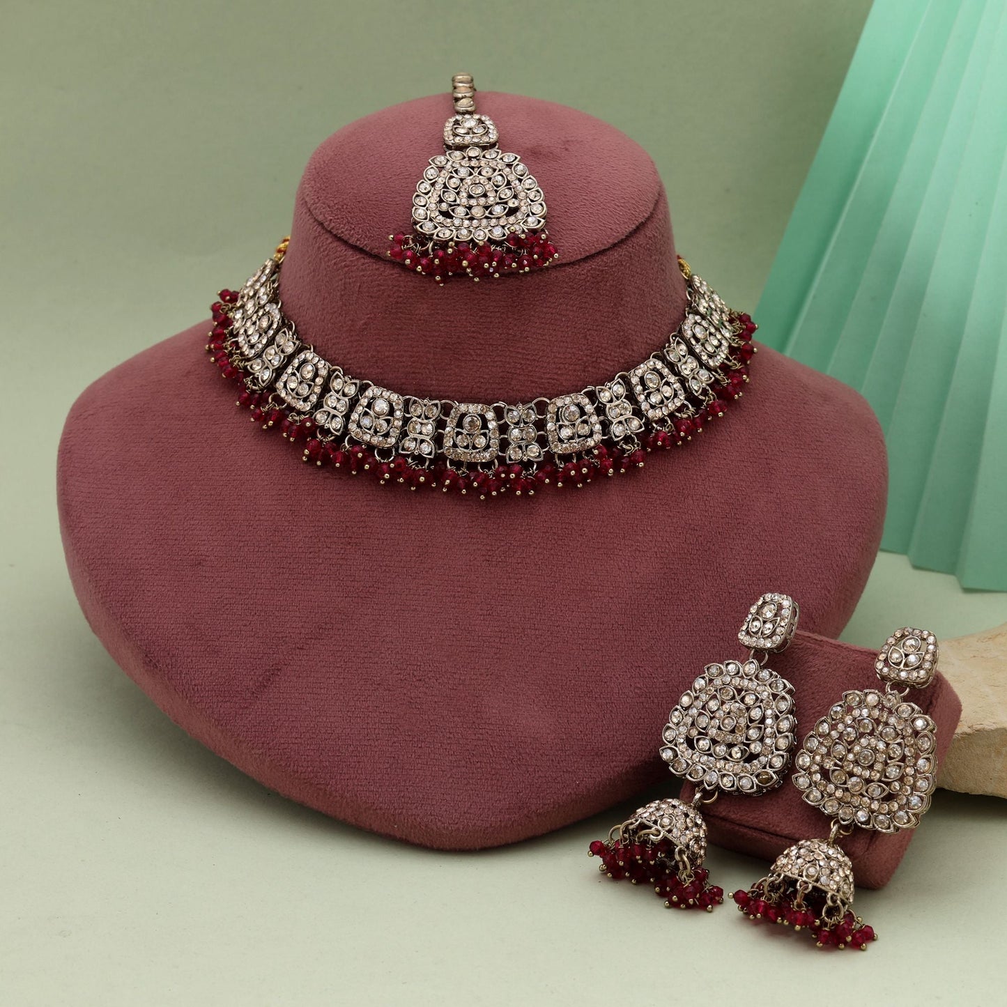 Stunning Rani Color Kundan Necklace Set With Traditional Touch For Wedding Outfits