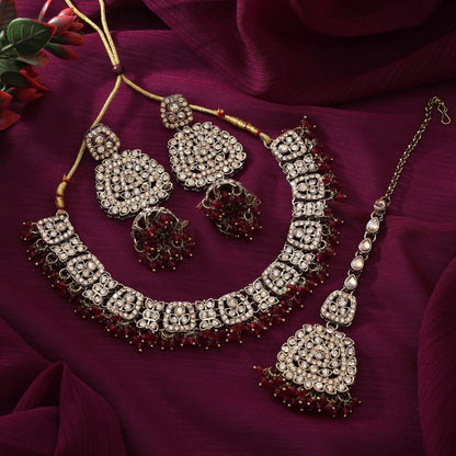Stunning Rani Color Kundan Necklace Set With Traditional Touch For Wedding Outfits