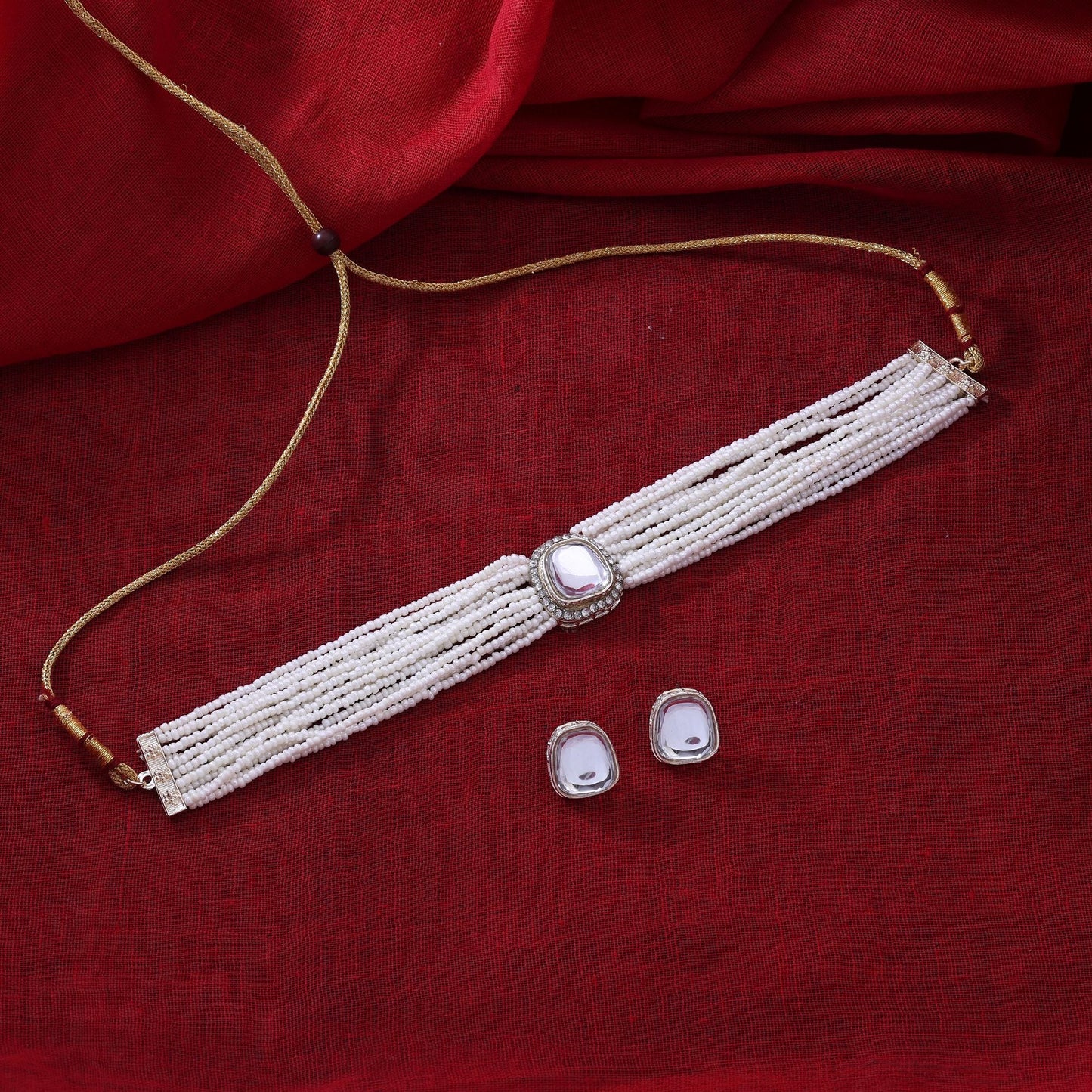 Elegant White Color Choker Kundan Necklace Set For Traditional Indian Wear