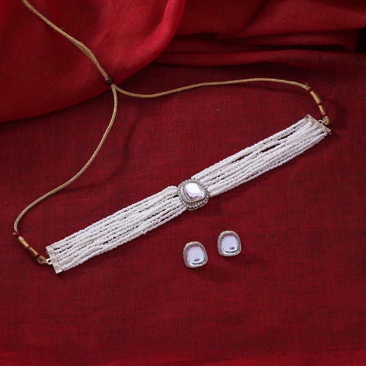 Elegant White Color Choker Kundan Necklace Set For Traditional Indian Wear