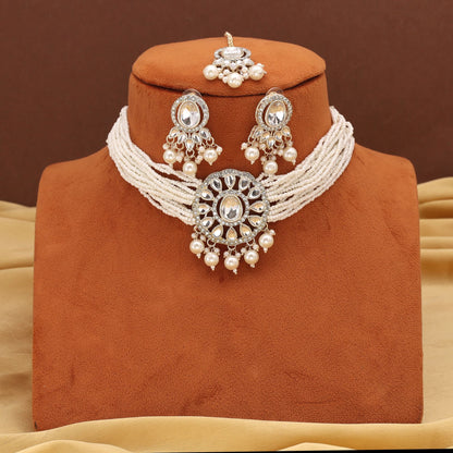 Beautiful White Color Choker Kundan Necklace Set Perfect For Bridal Looks
