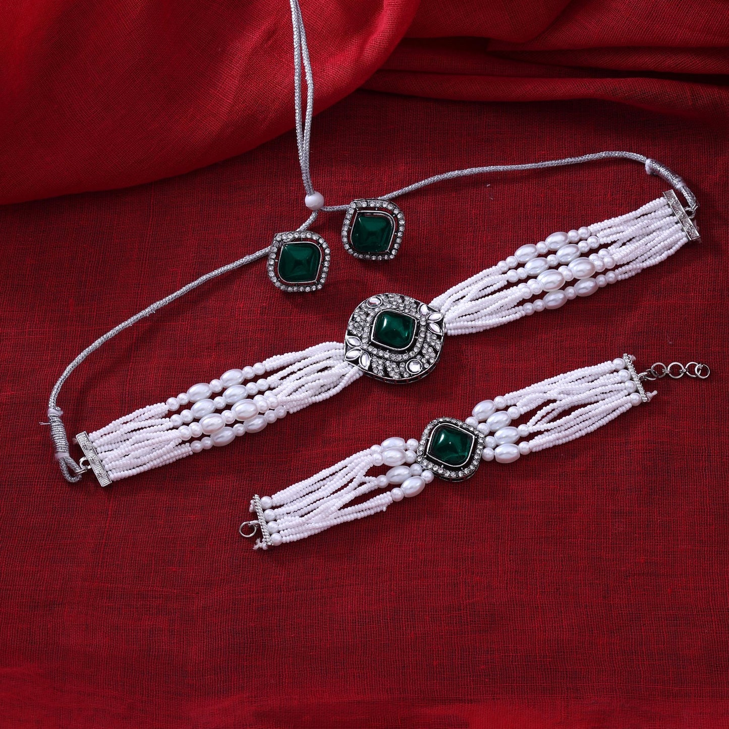 Graceful Green Color Choker Kundan Necklace Set For Festive And Wedding Wear