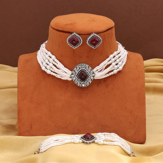 Classic Maroon Color Choker Kundan Necklace Set Ideal For Traditional Outfits