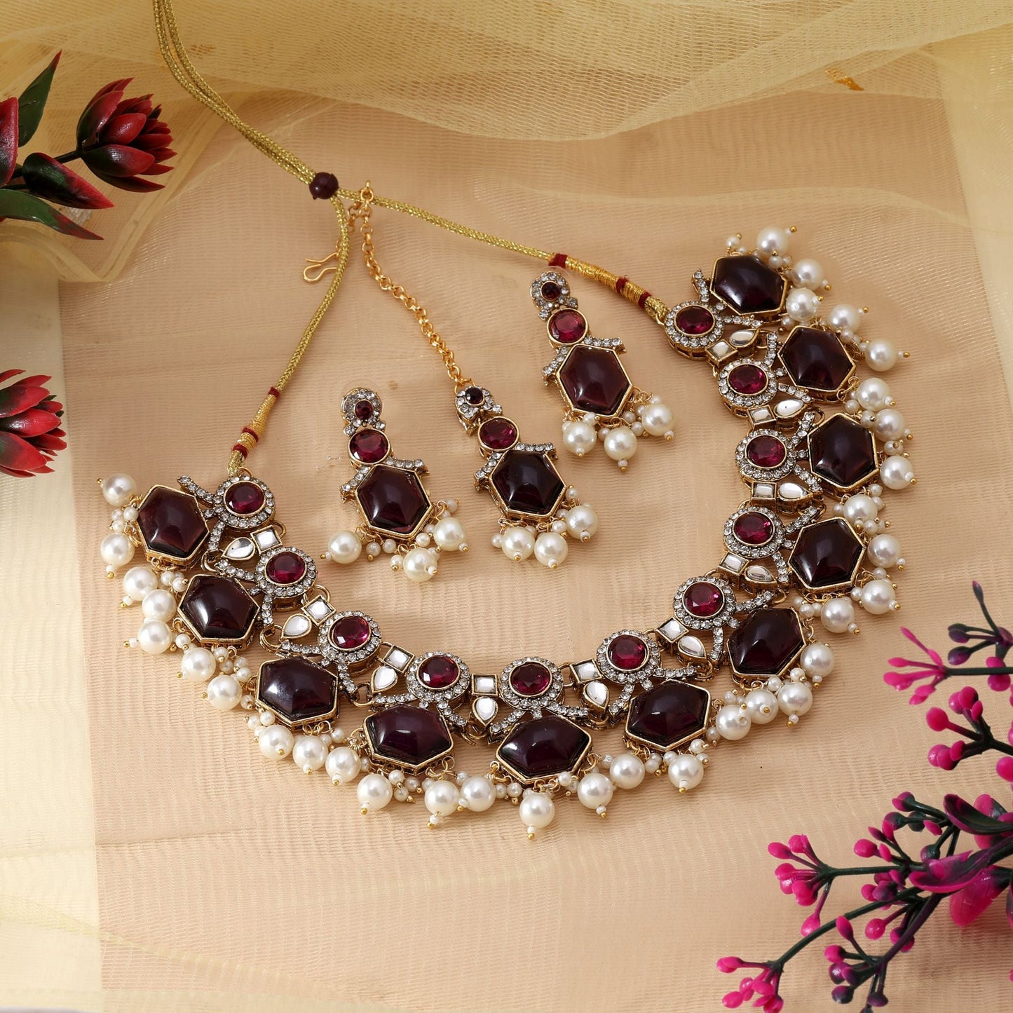 Traditional Maroon Color Kundan Necklace Set For Ethnic And Bridal Attire