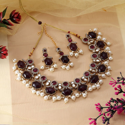 Traditional Maroon Color Kundan Necklace Set For Ethnic And Bridal Attire
