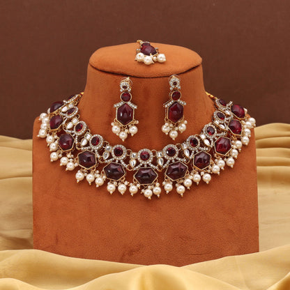 Traditional Maroon Color Kundan Necklace Set For Ethnic And Bridal Attire