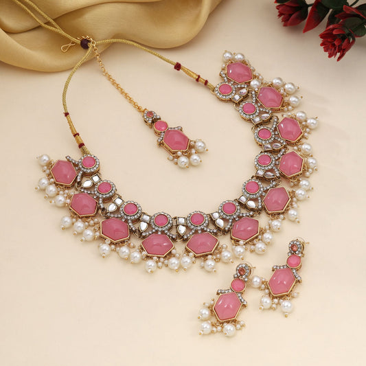 Beautiful Pink Color Kundan Necklace Set With Polki Work For Women