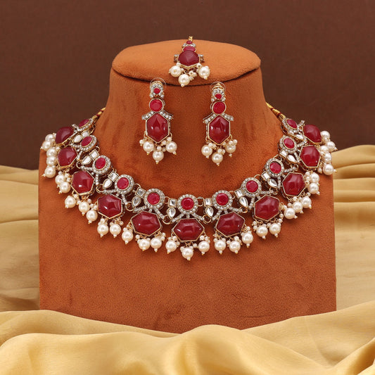 Strahlend rotes Kundan-Halsketten-Set für Bräute und festliche Feiern