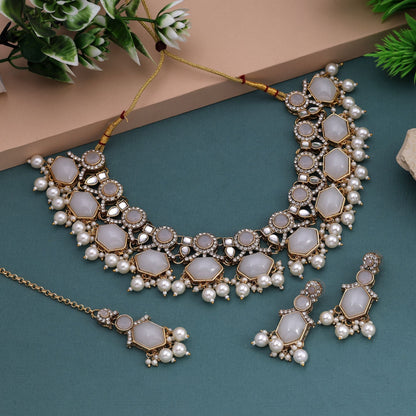 Elegant White Color Kundan Necklace Set For Wedding And Cultural Occasions