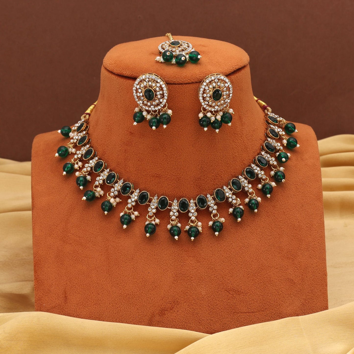 Designer Green Color Kundan Necklace Set With Golden Detailing For Festivals