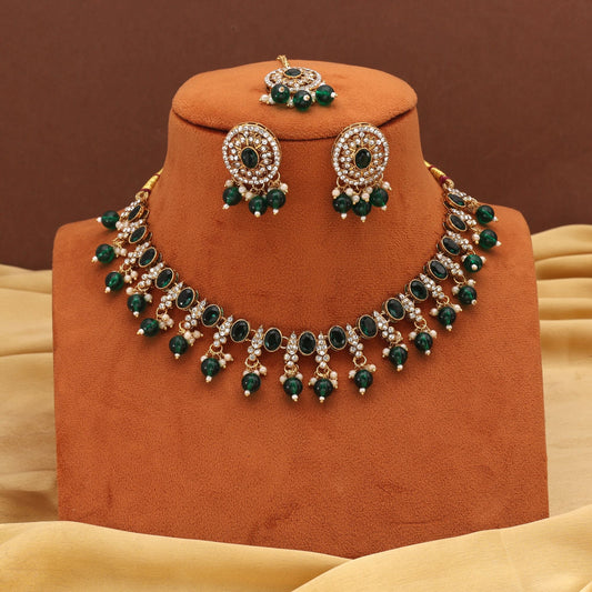 Designer Green Color Kundan Necklace Set With Golden Detailing For Festivals