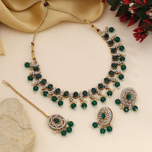 Designer Green Color Kundan Necklace Set With Golden Detailing For Festivals