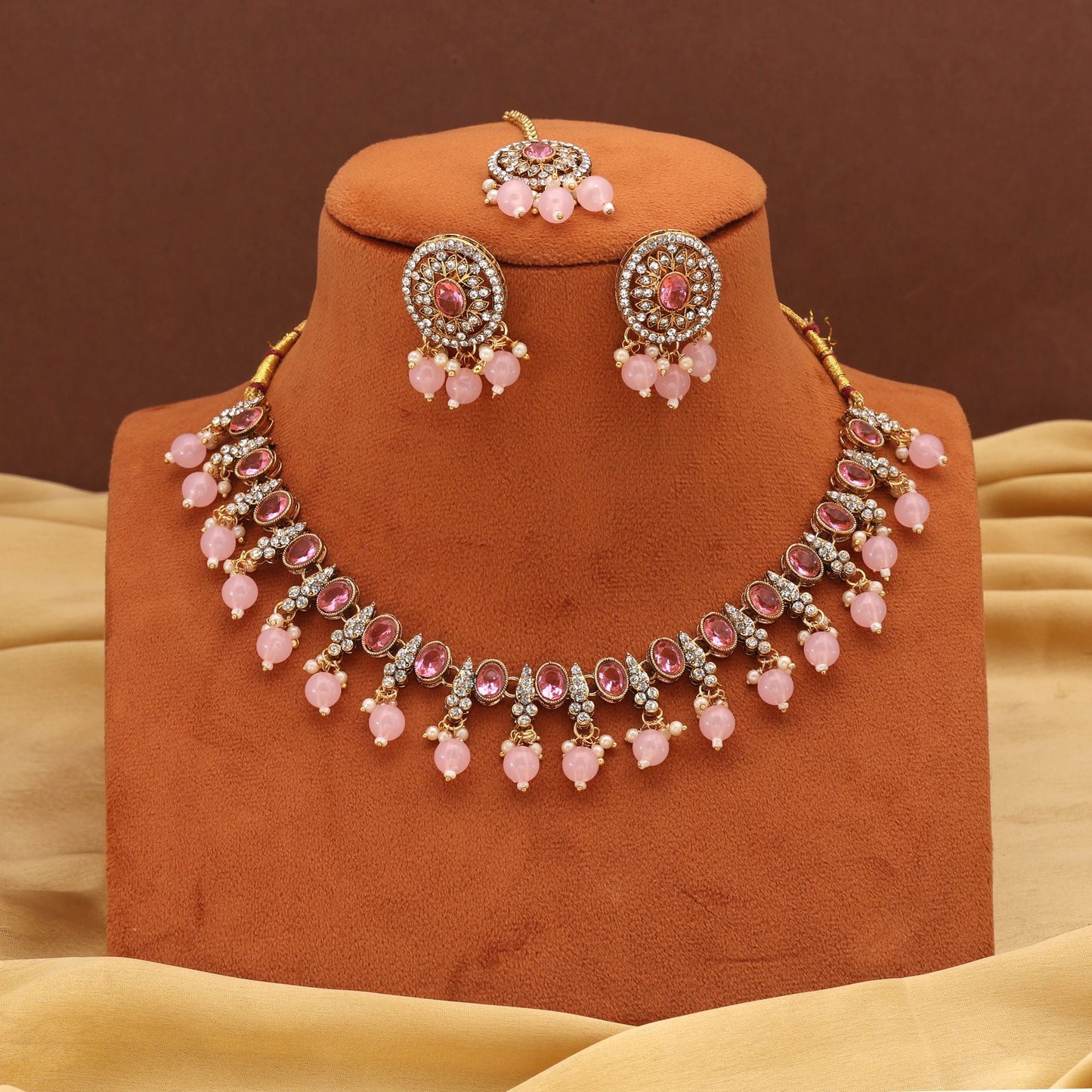 Pretty Pink Color Kundan Necklace Set Perfect For Traditional Party Wear