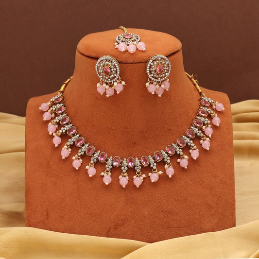 Pretty Pink Color Kundan Necklace Set Perfect For Traditional Party Wear