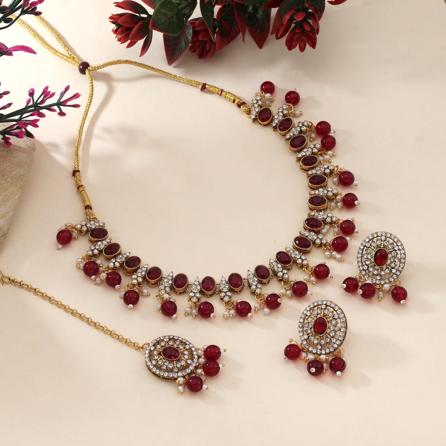 Bright Red Color Kundan Necklace Set For Weddings And Cultural Events