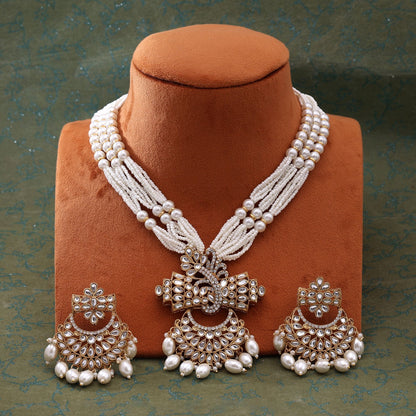 Exquisite White Color Kundan Necklace Set With Polki And Pearl Detailing