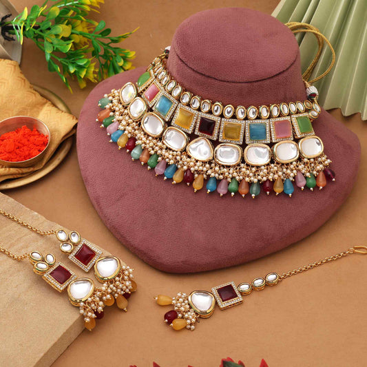 Multi Color Beautiful Handcrafted Back Side Meena Work Kundan Necklace Set For Special Events
