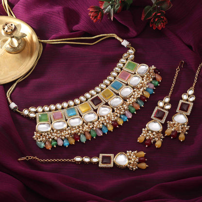 Multi Color Beautiful Handcrafted Back Side Meena Work Kundan Necklace Set For Special Events
