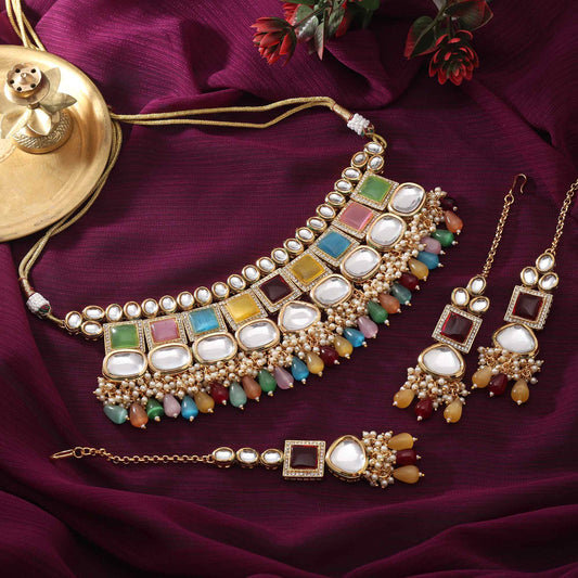 Multi Color Beautiful Handcrafted Back Side Meena Work Kundan Necklace Set For Special Events
