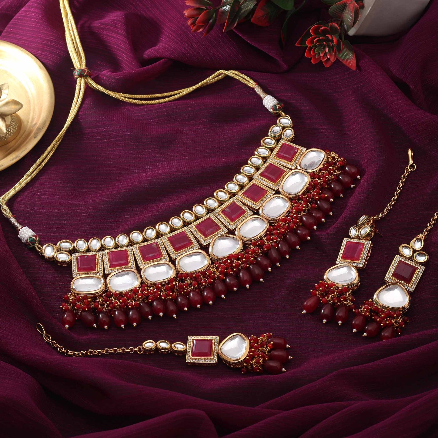 Maroon Color Traditional Bridal Back Side Meena Work Kundan Necklace Set For Wedding Wear