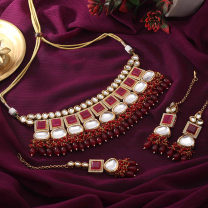 Maroon Color Traditional Bridal Back Side Meena Work Kundan Necklace Set For Wedding Wear