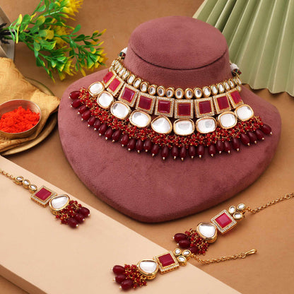 Maroon Color Traditional Bridal Back Side Meena Work Kundan Necklace Set For Wedding Wear