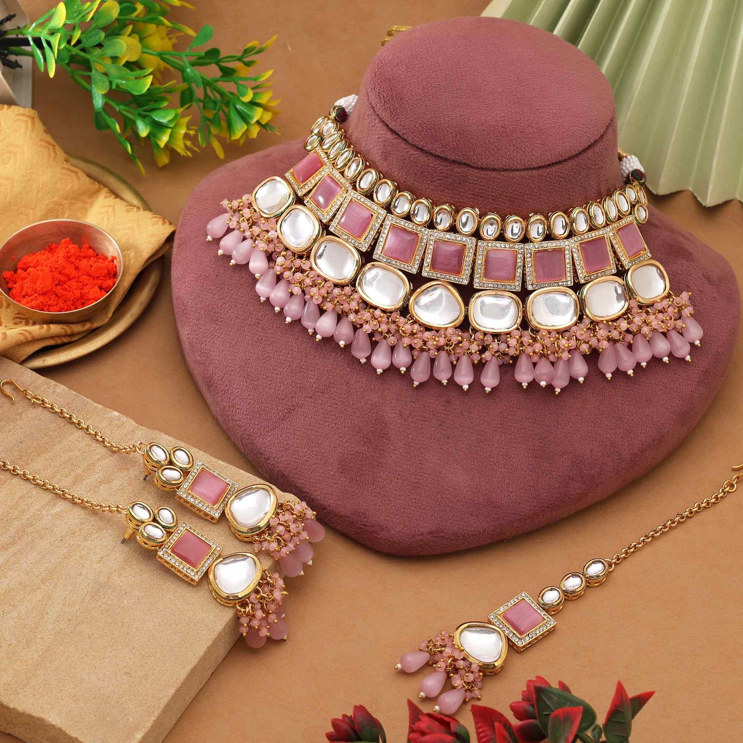 Pink Color Elegant Ethnic Style Back Side Meena Work Kundan Necklace Set For Party Look