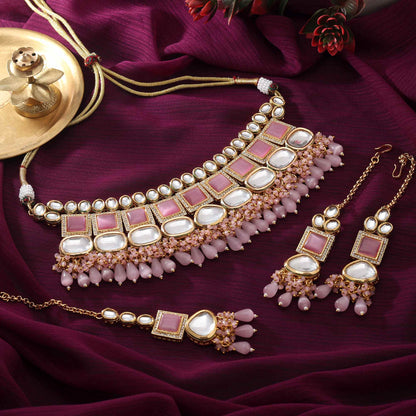 Pink Color Elegant Ethnic Style Back Side Meena Work Kundan Necklace Set For Party Look
