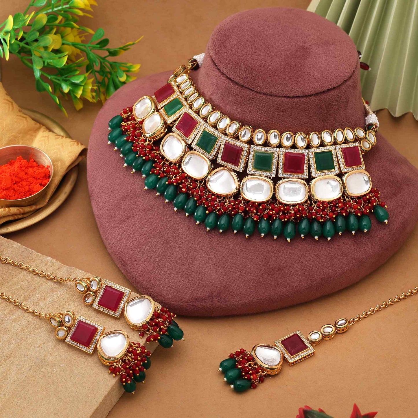 Rani & Green Color Royal Designer Back Side Meena Work Kundan Necklace Set For Festive Occasions
