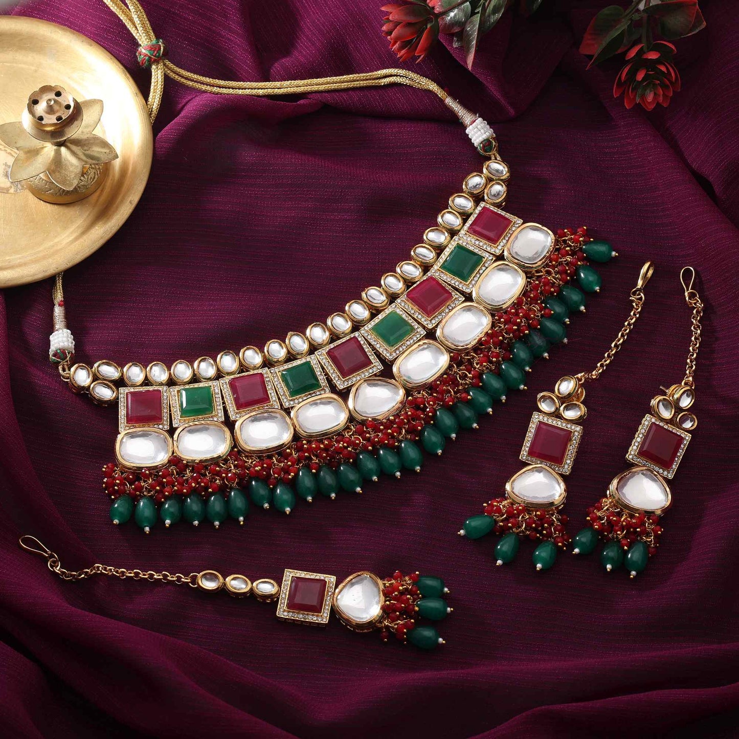 Rani & Green Color Royal Designer Back Side Meena Work Kundan Necklace Set For Festive Occasions