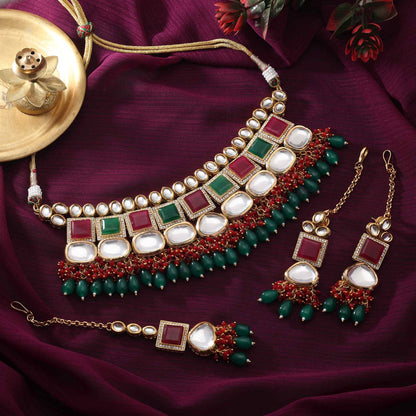 Rani & Green Color Royal Designer Back Side Meena Work Kundan Necklace Set For Festive Occasions