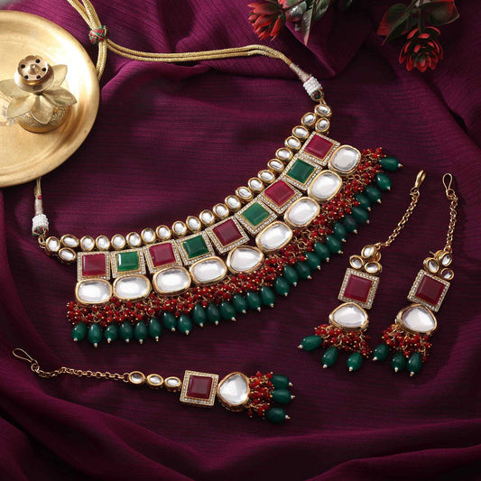 Rani & Green Color Royal Designer Back Side Meena Work Kundan Necklace Set For Festive Occasions