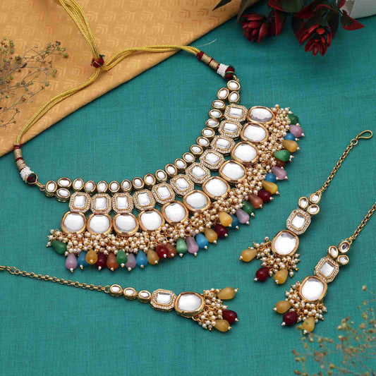 Multi Color Classic Ethnic Designer Back Side Meena Work Kundan Necklace Set For Festive Functions