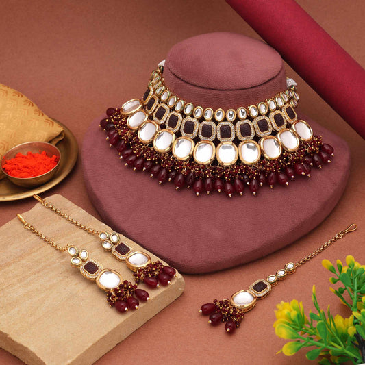 Maroon Color Intricate Design Back Side Meena Work Kundan Necklace Set For Traditional Outfits