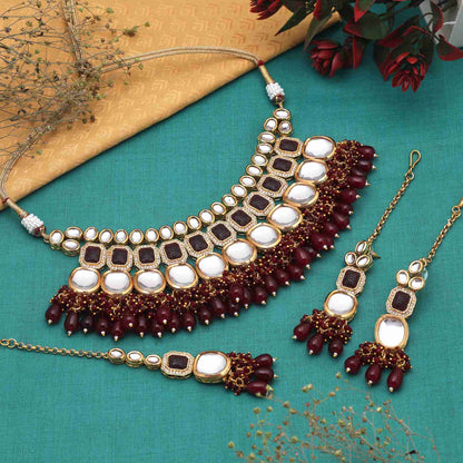 Maroon Color Intricate Design Back Side Meena Work Kundan Necklace Set For Traditional Outfits
