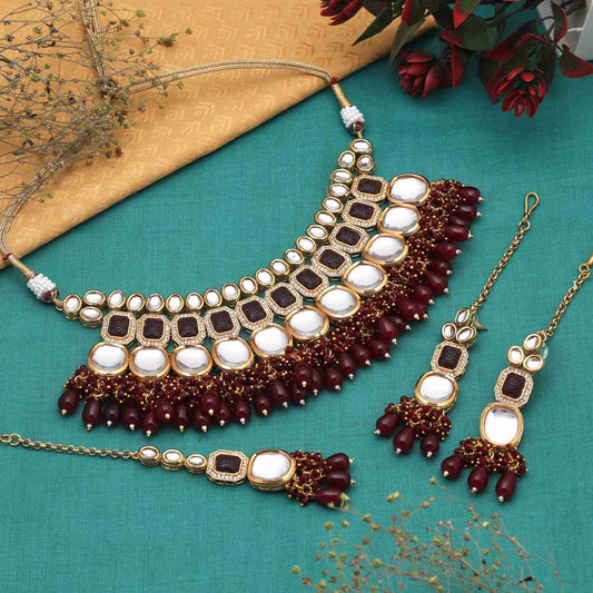 Maroon Color Intricate Design Back Side Meena Work Kundan Necklace Set For Traditional Outfits