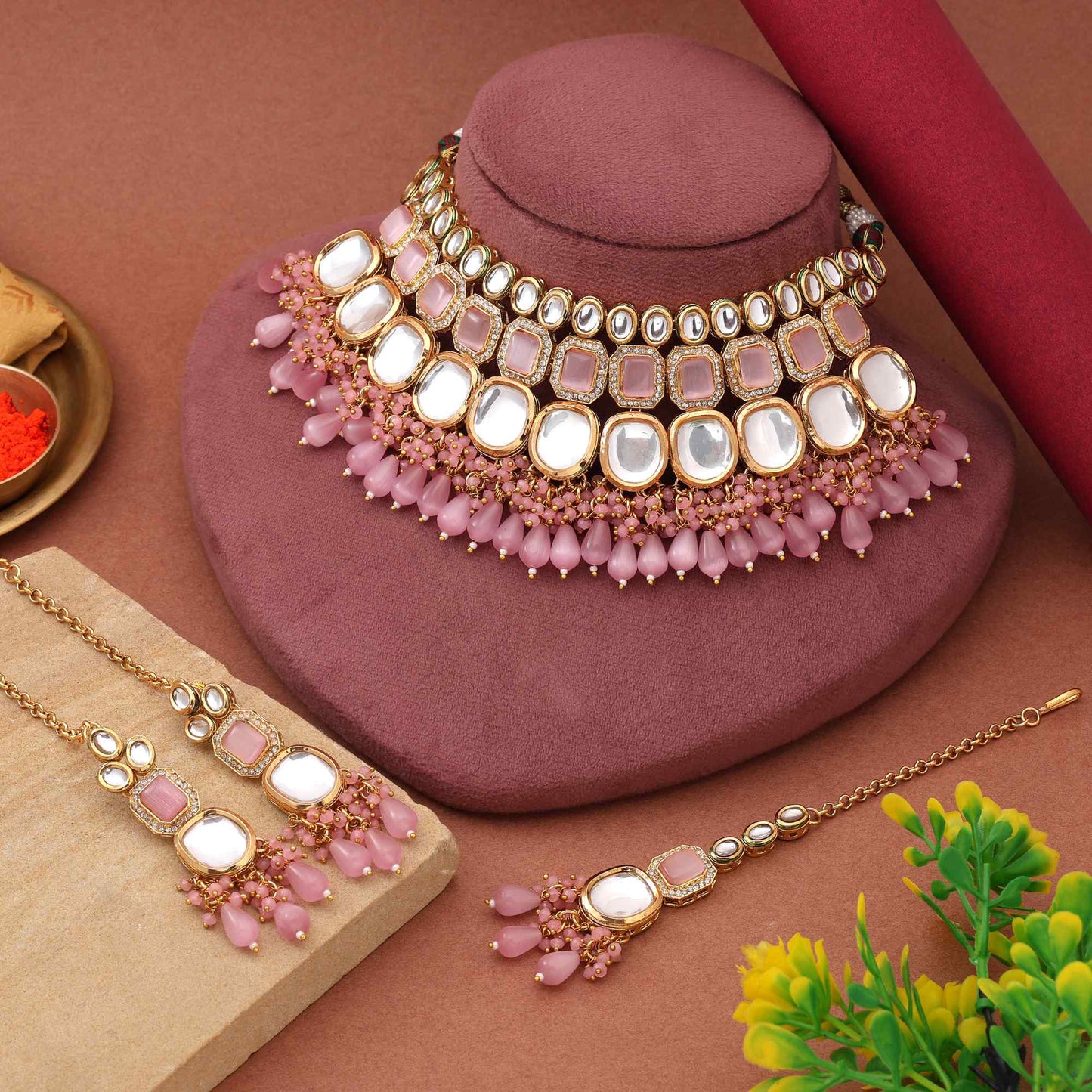 Pink Color Stunning Festival Wear Back Side Meena Work Kundan Necklace Set For Elegant Appearance