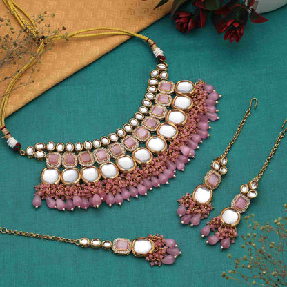 Pink Color Stunning Festival Wear Back Side Meena Work Kundan Necklace Set For Elegant Appearance