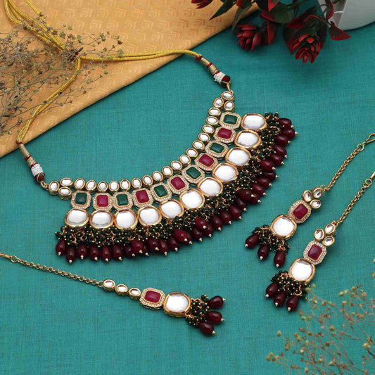 Rani & Green Color Gorgeous Bridal Back Side Meena Work Kundan Necklace Set For Wedding Style