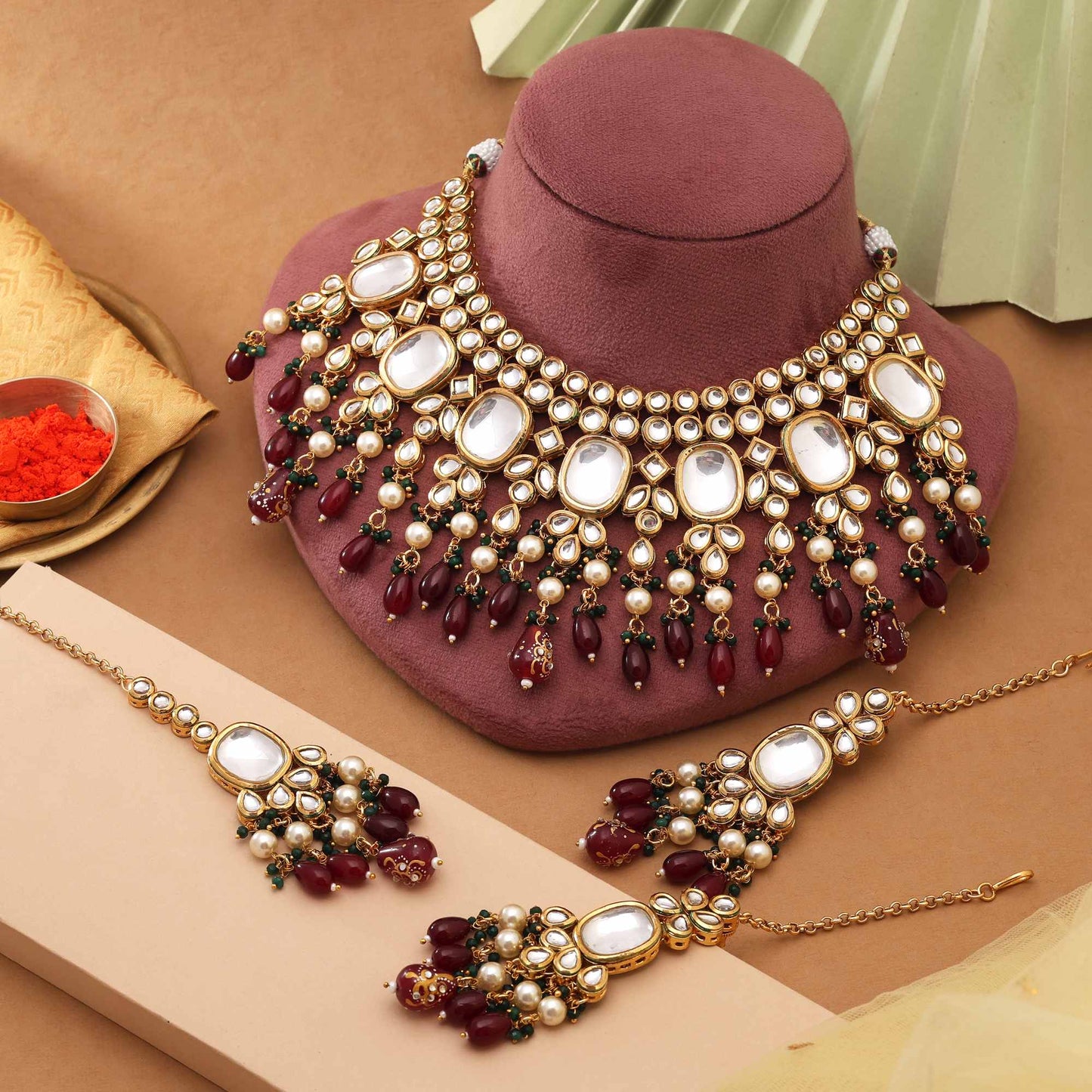 Maroon & Green Color Grand Traditional Back Side Meena Work Kundan Necklace Set For Bridal Look
