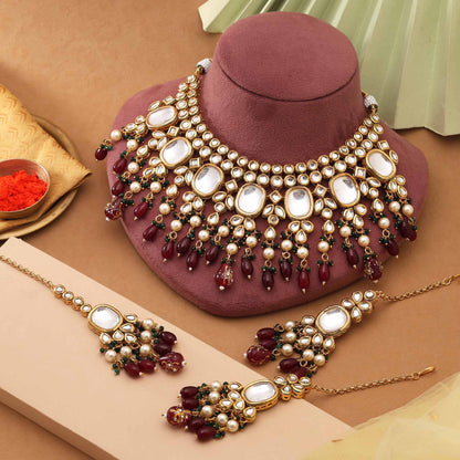 Maroon & Green Color Grand Traditional Back Side Meena Work Kundan Necklace Set For Bridal Look