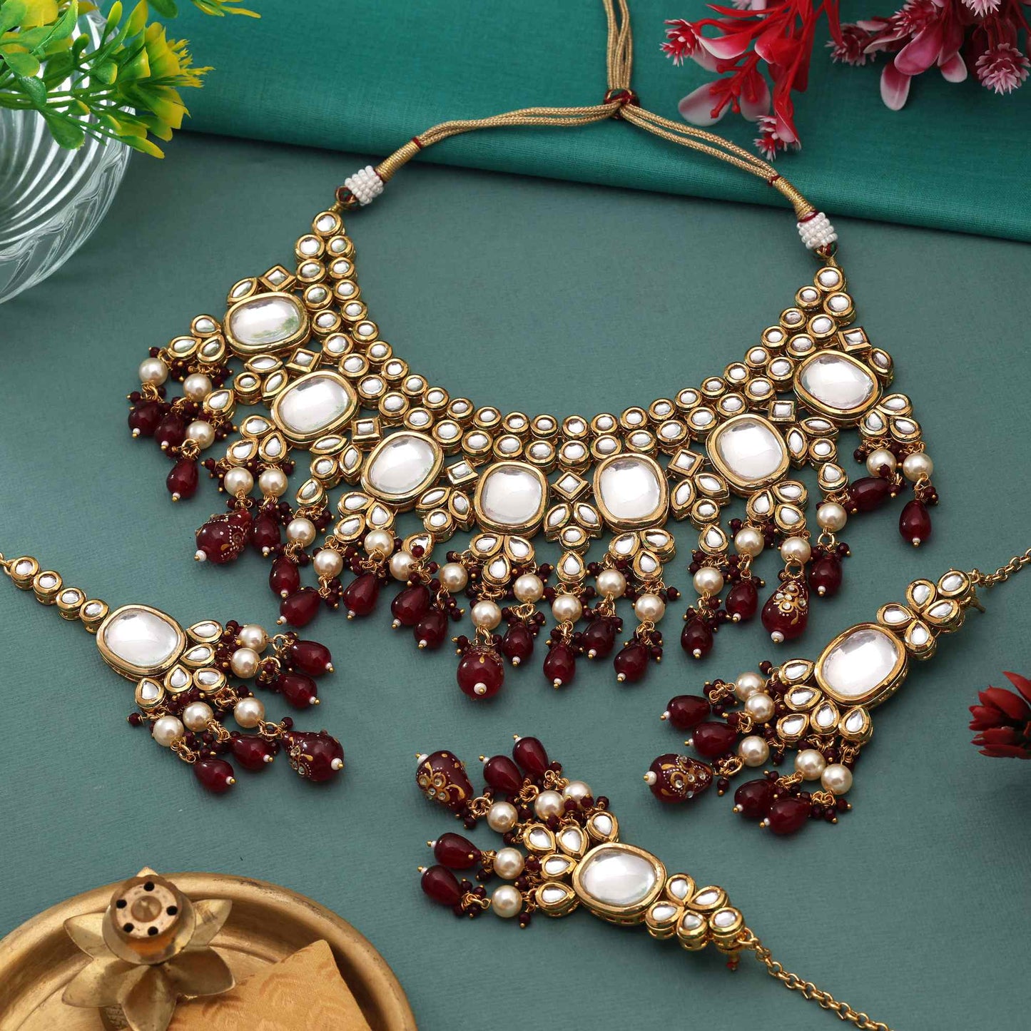 Maroon Color Ethnic Heritage Design Back Side Meena Work Kundan Necklace Set For Occasions