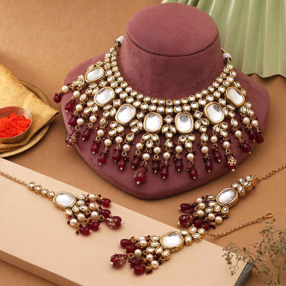 Maroon Color Ethnic Heritage Design Back Side Meena Work Kundan Necklace Set For Occasions