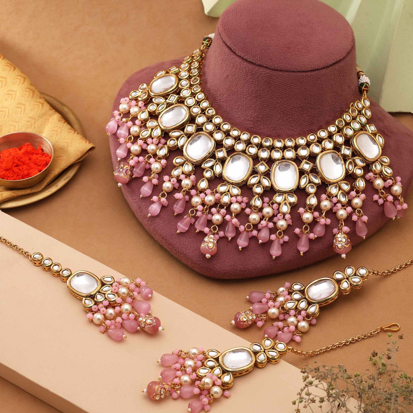 Pink Color Charming Party Wear Back Side Meena Work Kundan Necklace Set For Elegant Dressing