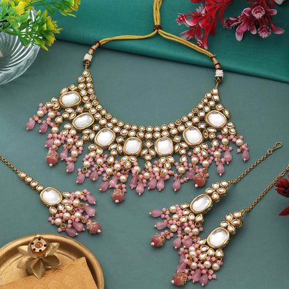 Pink Color Charming Party Wear Back Side Meena Work Kundan Necklace Set For Elegant Dressing
