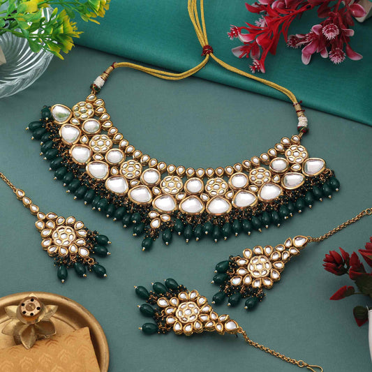 Green Color Traditional Craft Inspired Back Side Meena Work Kundan Necklace Set For Weddings