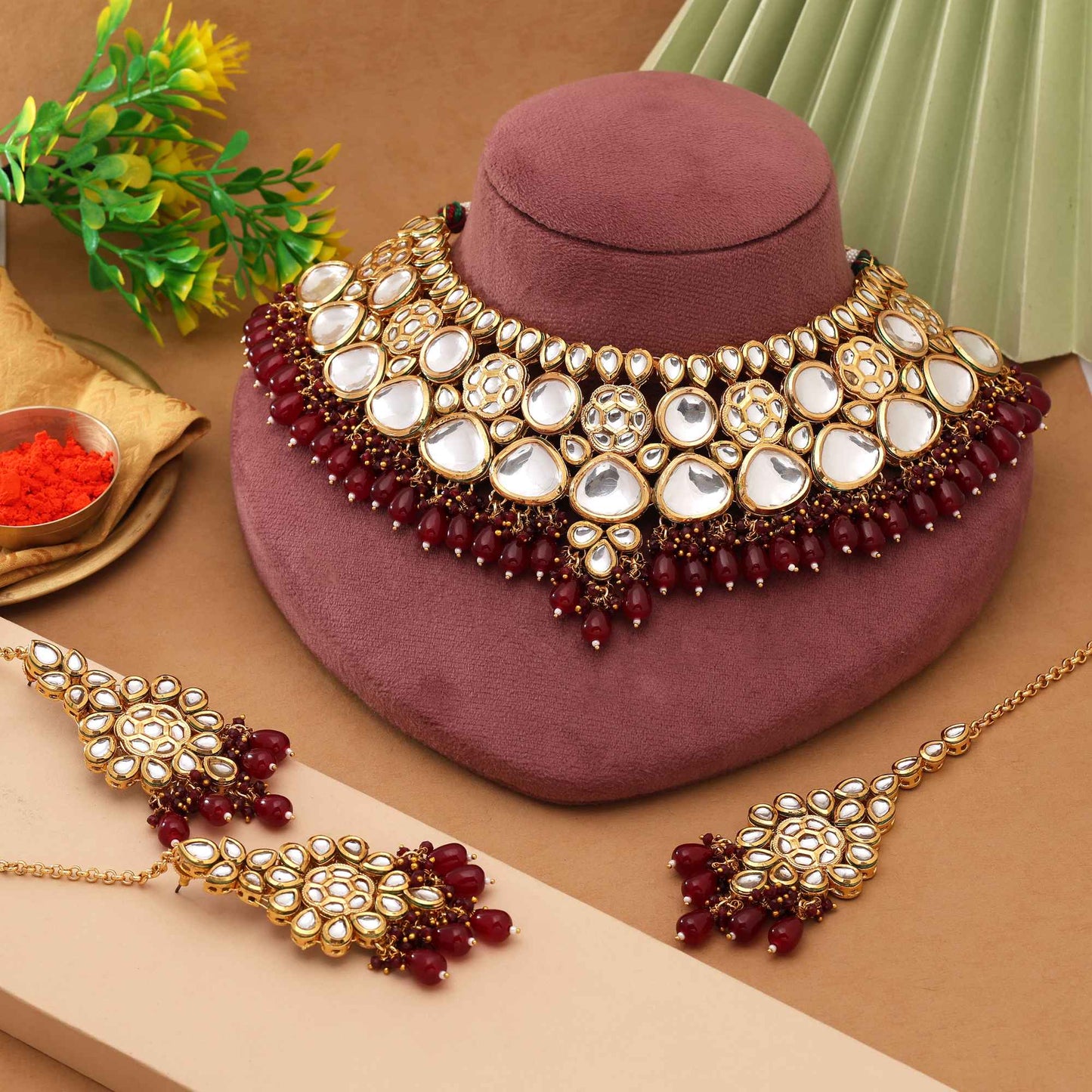 Maroon Color Handcrafted Antique Finish Back Side Meena Work Kundan Necklace Set For Brides