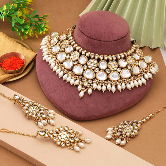 White Color Graceful Royal Design Back Side Meena Work Kundan Necklace Set For Elegant Events